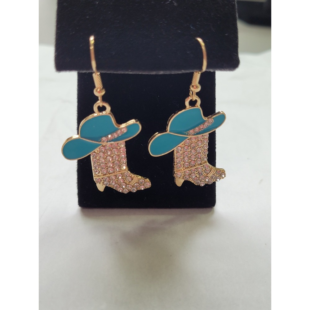 Earrings Womens Cowboy Boot Teal Enamel Rhinestone Western Nashville